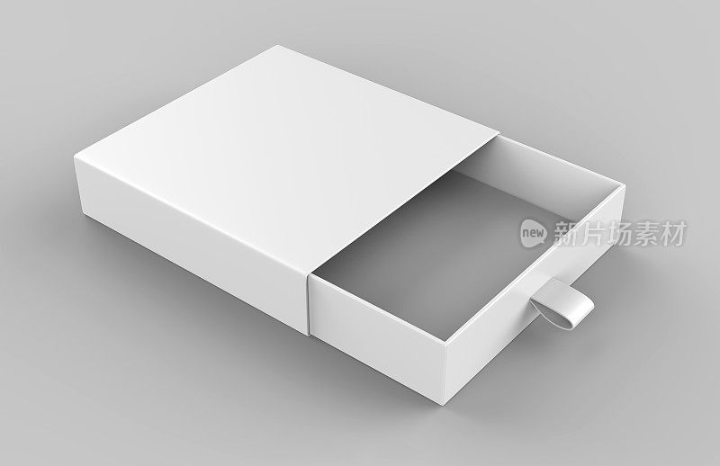 现实的包装纸板滑动抽屉盒与丝带拉灰色背景。用于小件物品，火柴和其他东西。3 d渲染图